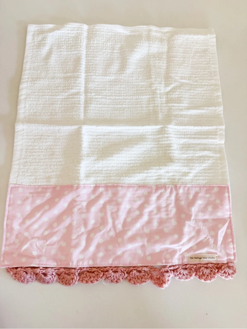 Handmade Pink Floral & Polka Dot Kitchen Towel with Crochet Edge